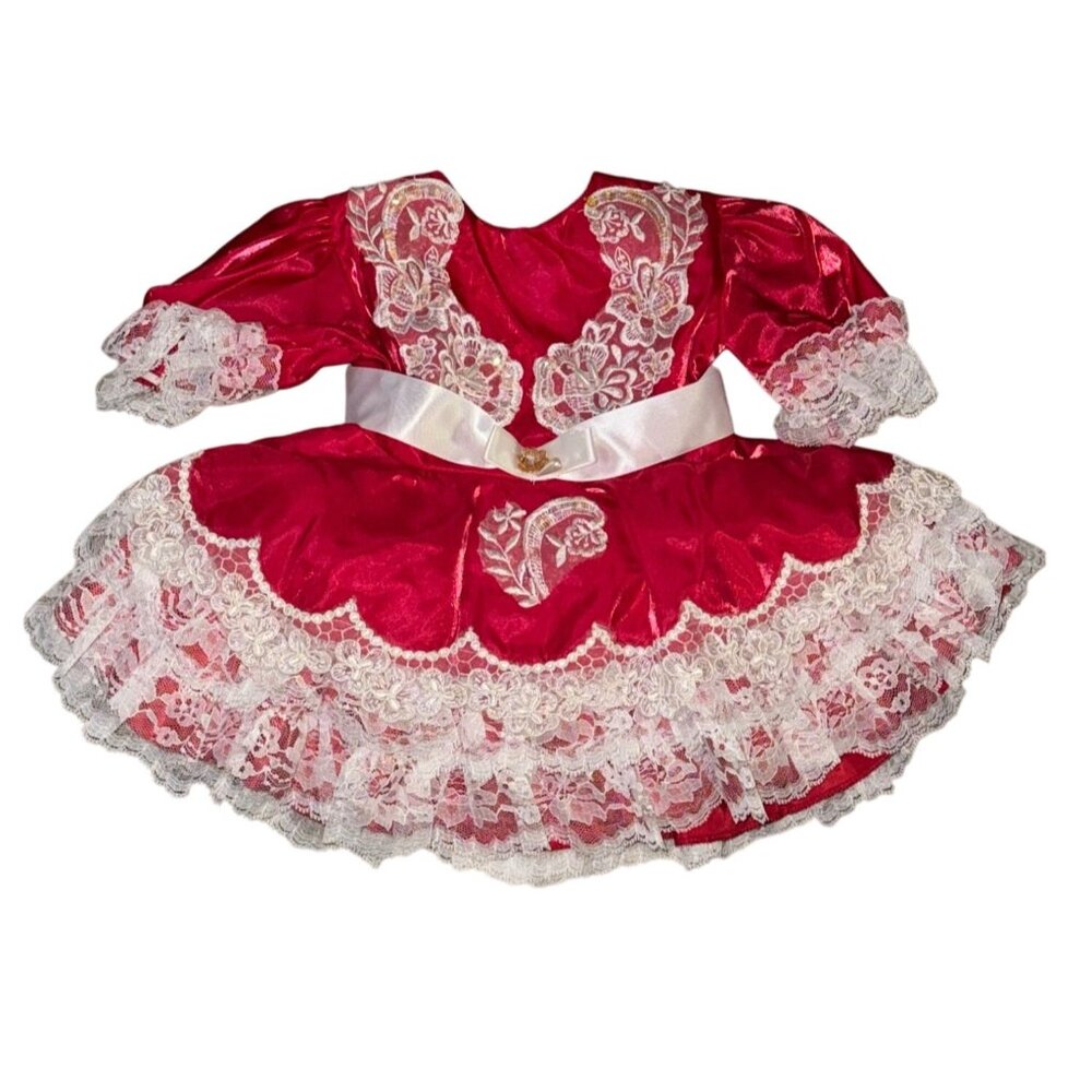 Vintage Baby Girl Red Lace Dress With Embroidered Floral Design & White Bow Trim